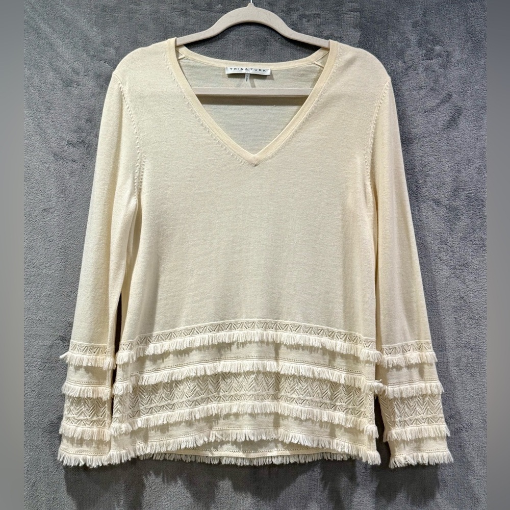 Trina Turk 100% Merino Wool Pointelle Knit V-neck Sweater Womens Size Large